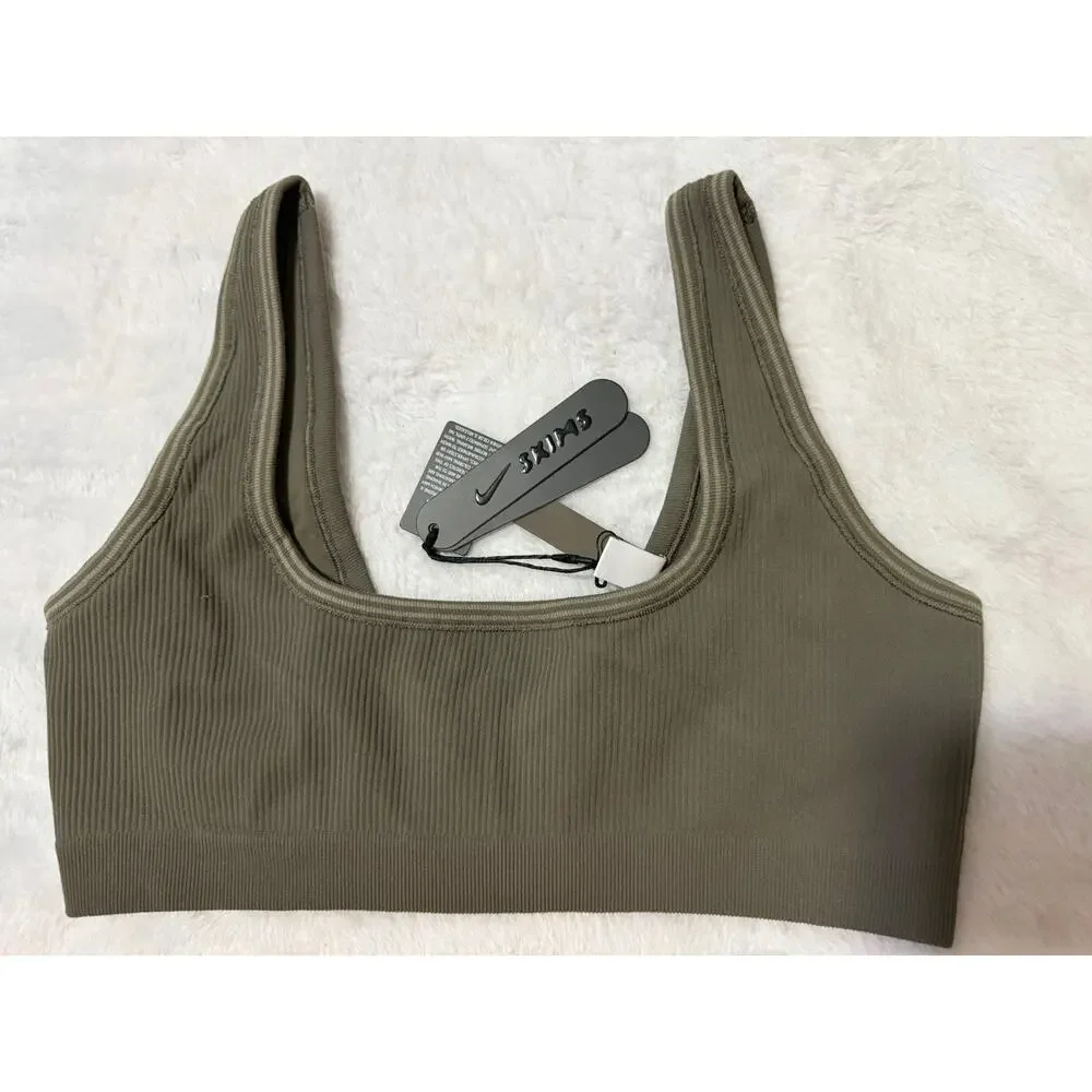 NEW Nike x SKIMS Ribbed Seamless Micro Scoop Bra Medium Dusty Oak Moss Green - Picture 2 of 3